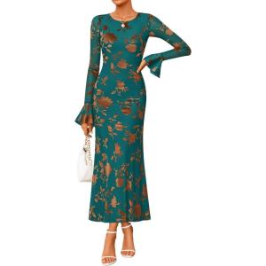 imageZESICA Womens 2025 Bell Long Sleeve Floral Maxi Dress Fall Fashion Bodycon Mesh Wedding Guest Cocktail Party DressesDarkgreen