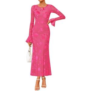 imageZESICA Womens 2025 Bell Long Sleeve Floral Maxi Dress Fall Fashion Bodycon Mesh Wedding Guest Cocktail Party DressesRose