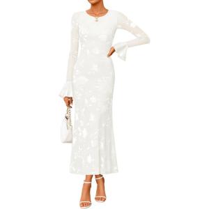 imageZESICA Womens 2025 Bell Long Sleeve Floral Maxi Dress Fall Fashion Bodycon Mesh Wedding Guest Cocktail Party DressesWhite