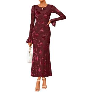 imageZESICA Womens 2025 Bell Long Sleeve Floral Maxi Dress Fall Fashion Bodycon Mesh Wedding Guest Cocktail Party DressesWine