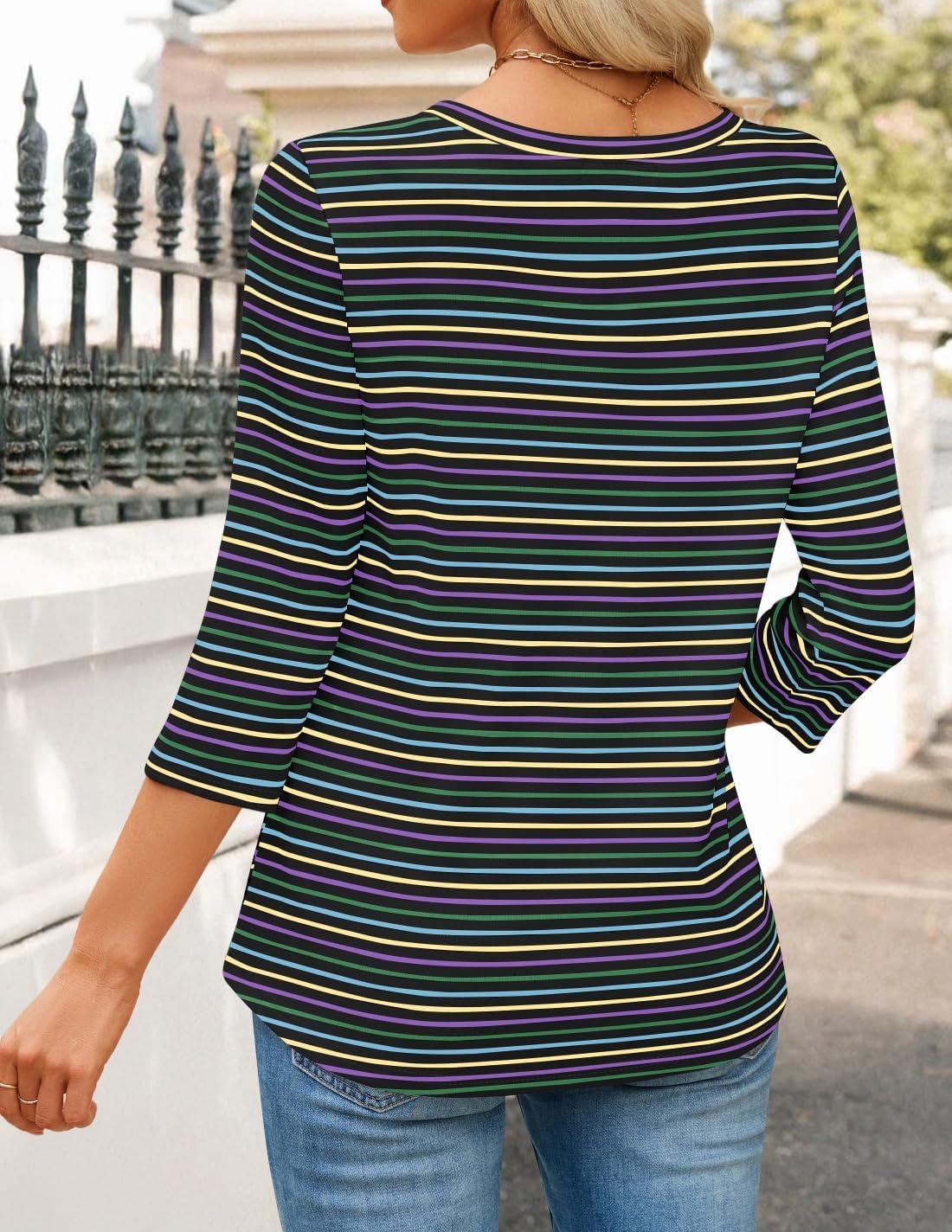 imageZESICA 34 Length Sleeve Womens Tops 2025 Fall Boho Striped Henley Shirts Dressy Casual BlousesBlack