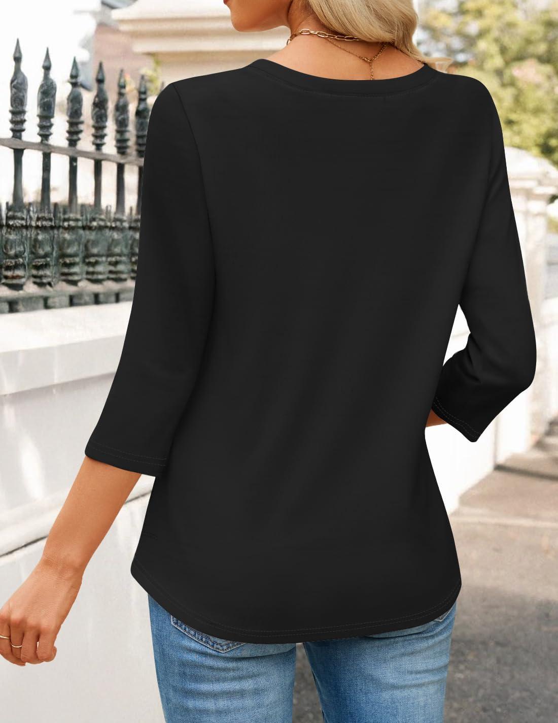 imageZESICA 34 Length Sleeve Womens Tops 2025 Fall Boho Striped Henley Shirts Dressy Casual BlousesEbony
