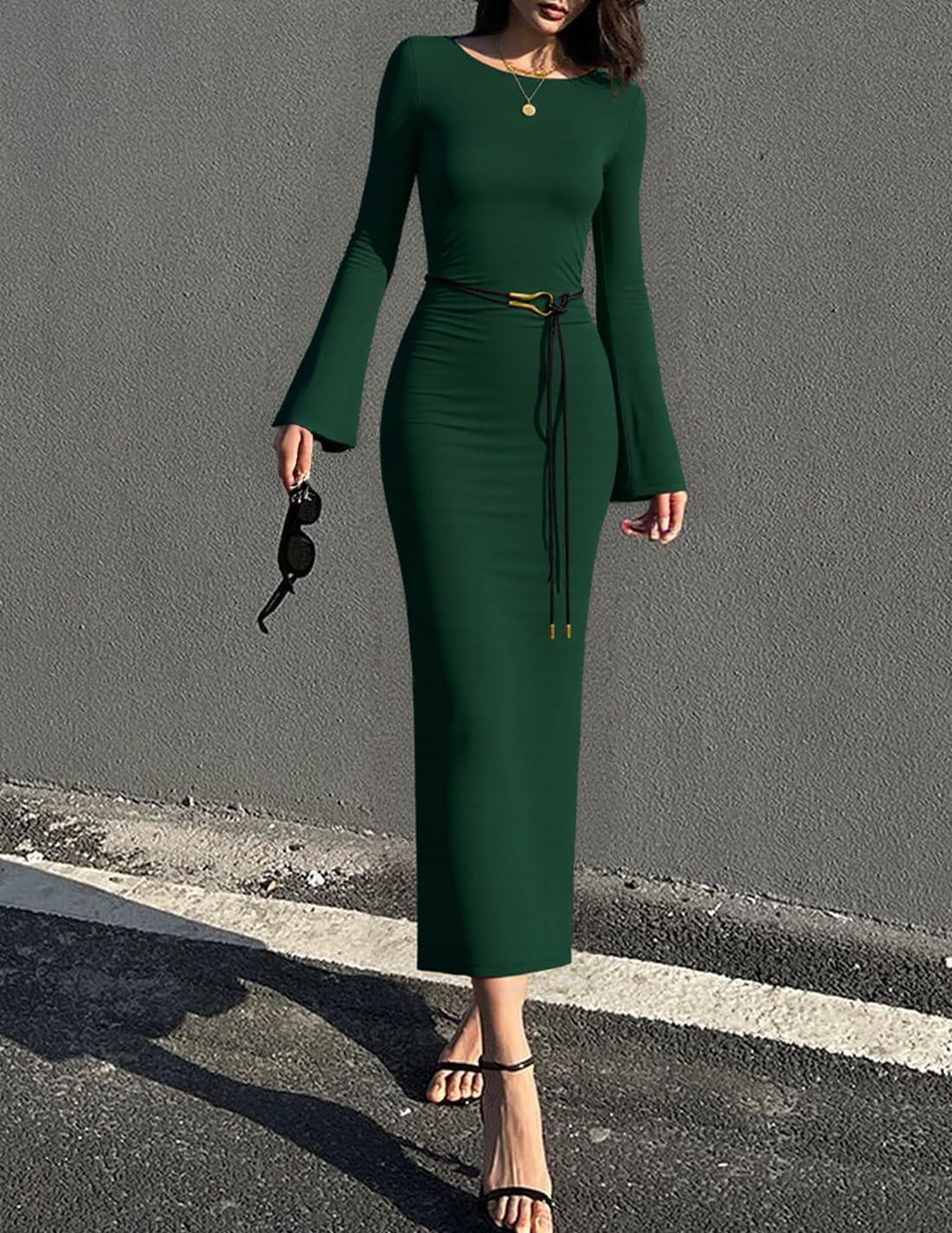 imageZESICA Fall Dresses for Women 2025 Elegant Classy Long Sleeve Business Casual Bodycon Slit Midi Dress with BeltDarkgreen