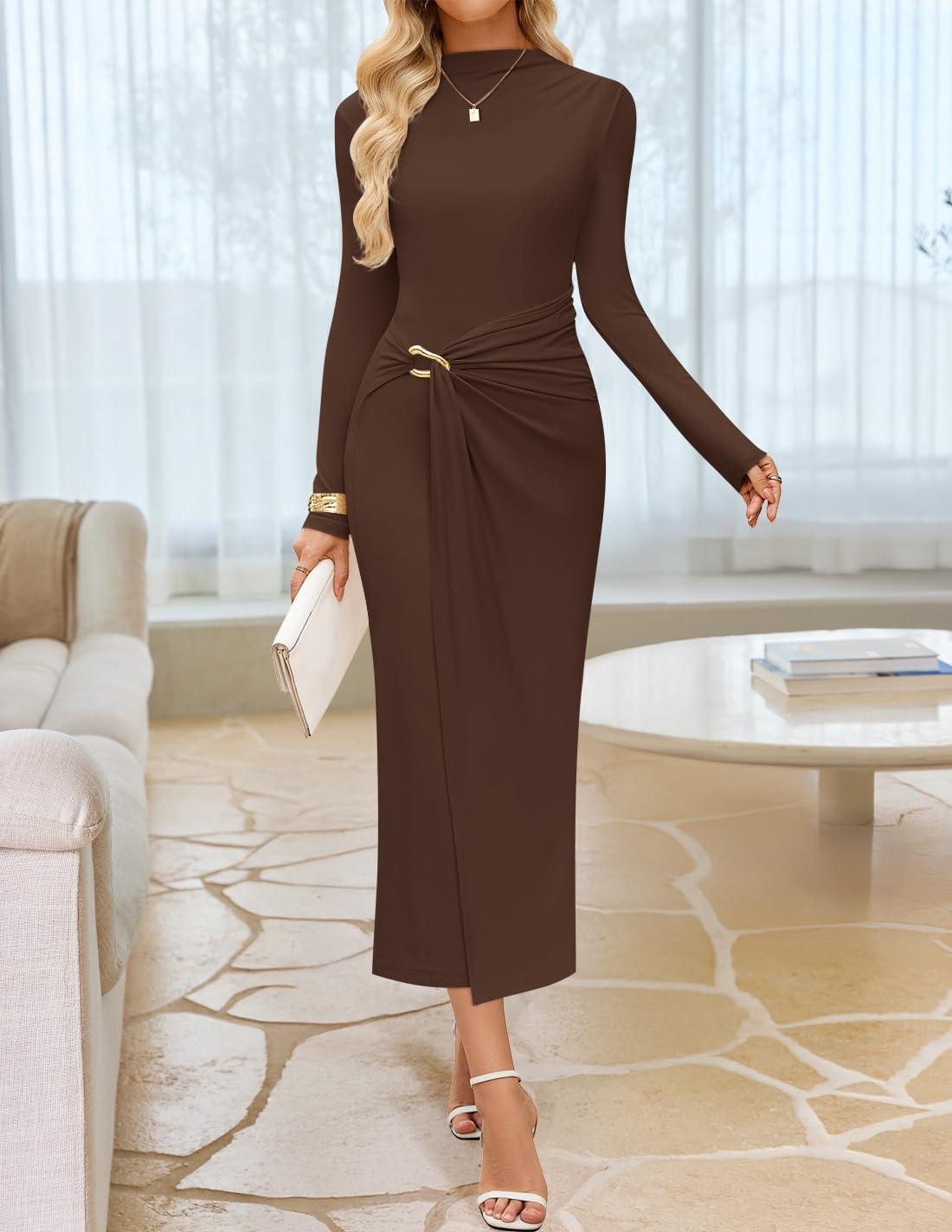 imageZESICA Womens 2025 Fall Long Sleeve Bodycon Dress Mock Neck Party Cocktail Wedding Guest Long Midi DressesBrown