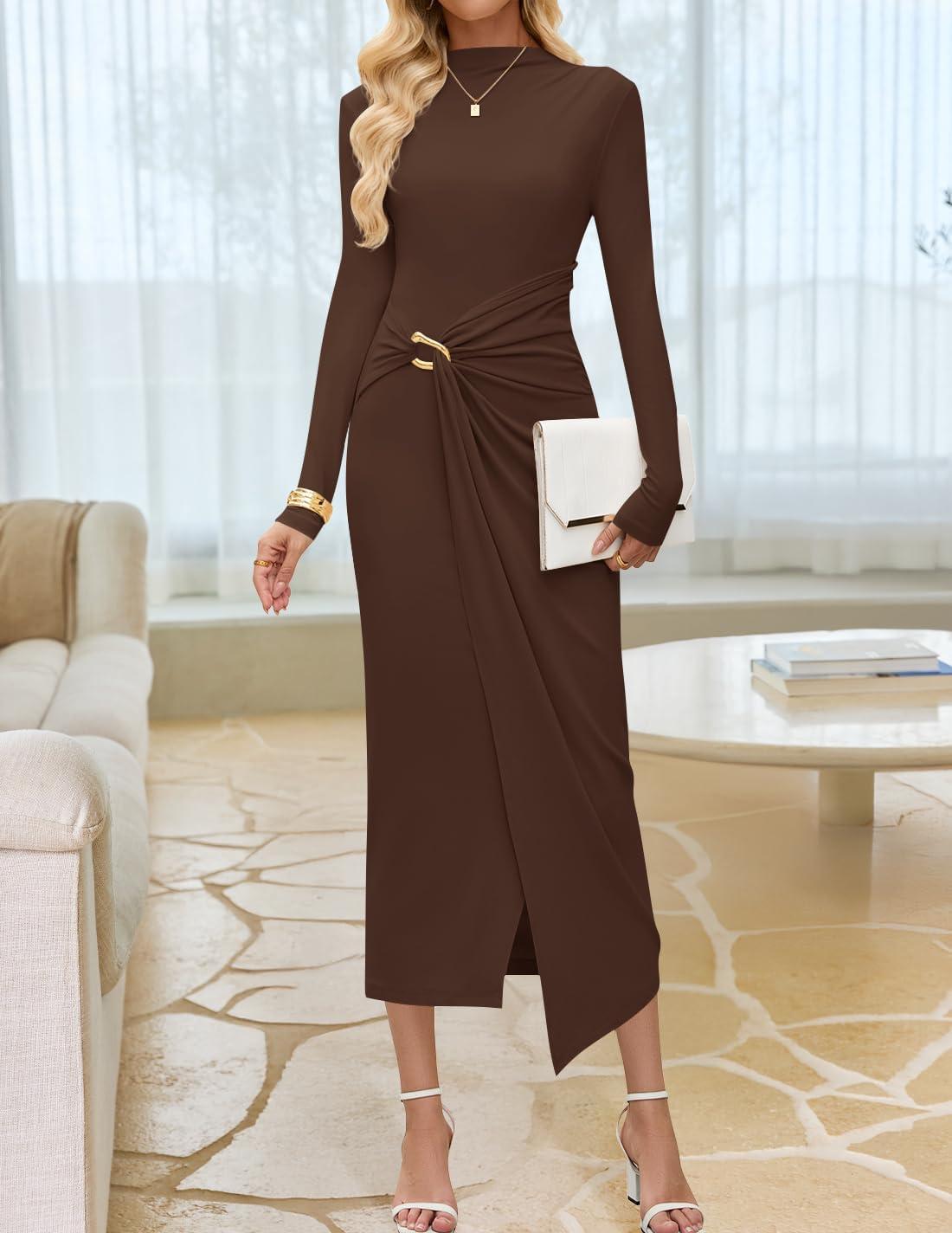 imageZESICA Womens 2025 Fall Long Sleeve Bodycon Dress Mock Neck Party Cocktail Wedding Guest Long Midi DressesBrown