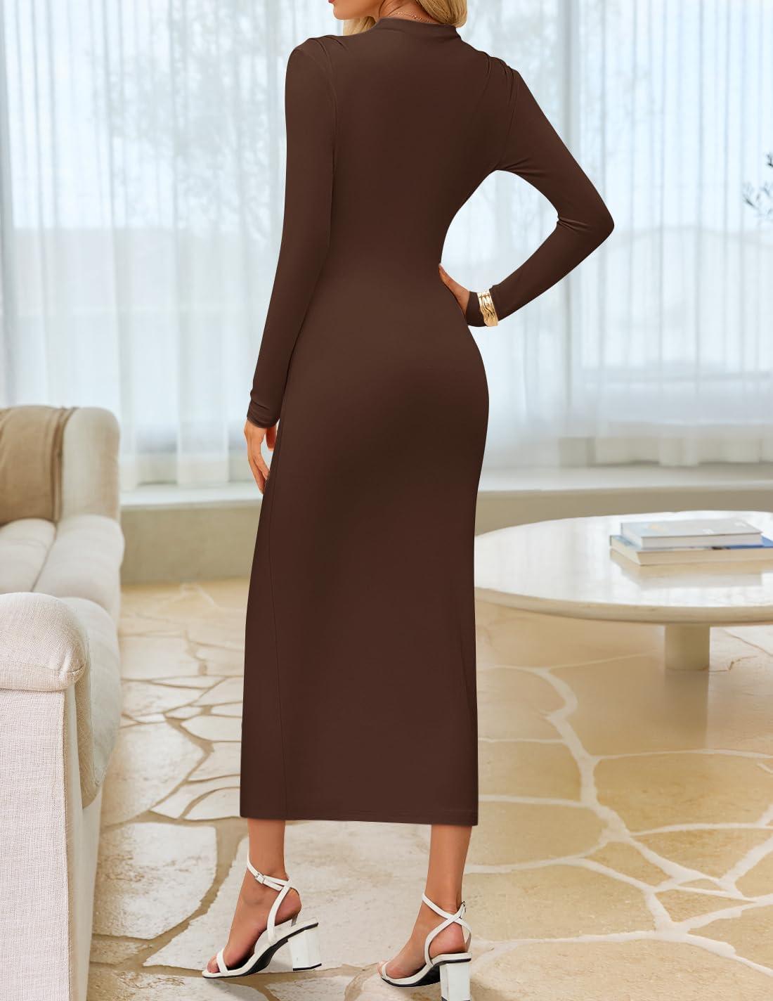 imageZESICA Womens 2025 Fall Long Sleeve Bodycon Dress Mock Neck Party Cocktail Wedding Guest Long Midi DressesBrown