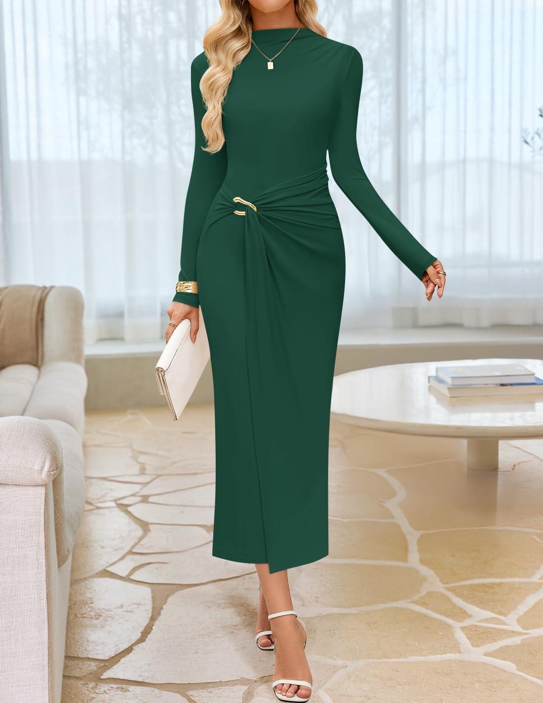 imageZESICA Womens 2025 Fall Long Sleeve Bodycon Dress Mock Neck Party Cocktail Wedding Guest Long Midi DressesGreen