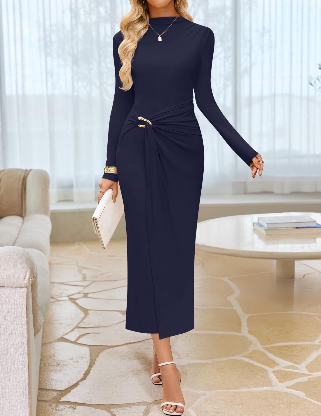 imageZESICA Womens 2025 Fall Long Sleeve Bodycon Dress Mock Neck Party Cocktail Wedding Guest Long Midi DressesNavy