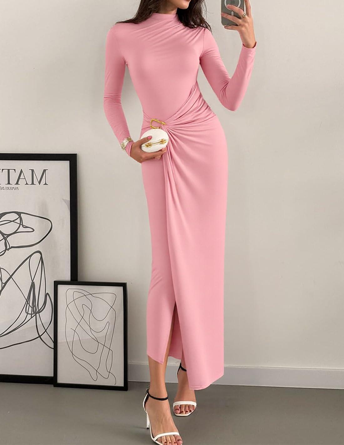 imageZESICA Womens 2025 Fall Long Sleeve Bodycon Dress Mock Neck Party Cocktail Wedding Guest Long Midi DressesPink