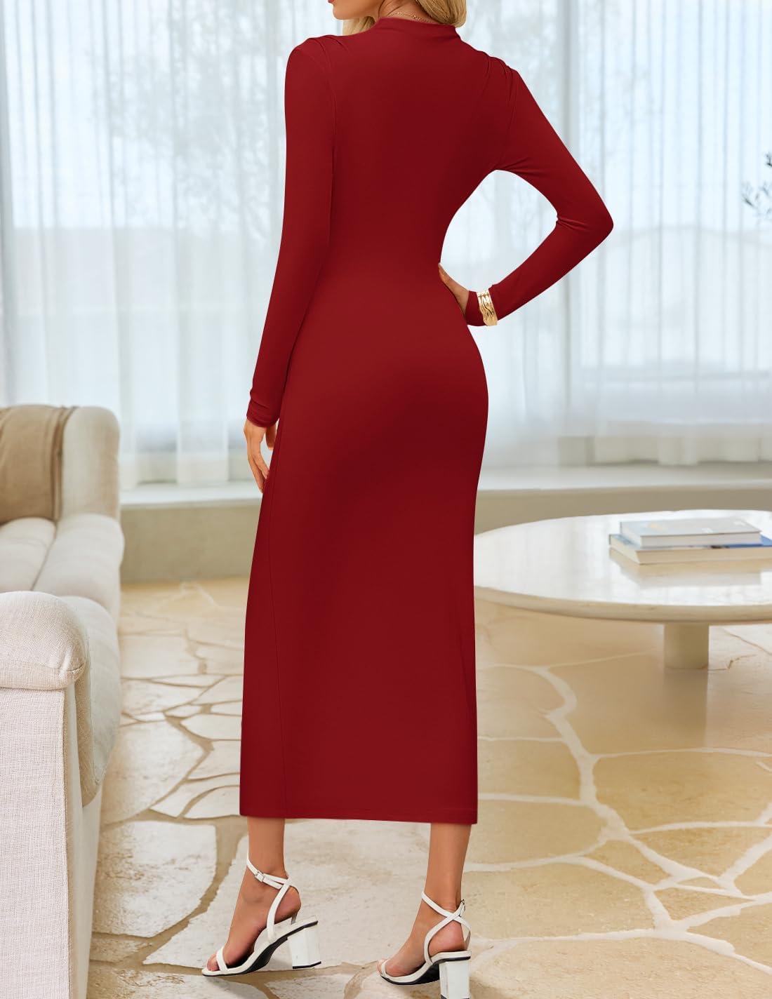 imageZESICA Womens 2025 Fall Long Sleeve Bodycon Dress Mock Neck Party Cocktail Wedding Guest Long Midi DressesRed