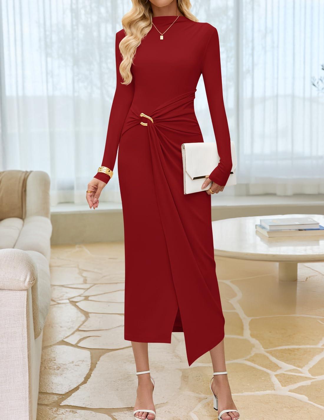 imageZESICA Womens 2025 Fall Long Sleeve Bodycon Dress Mock Neck Party Cocktail Wedding Guest Long Midi DressesRed