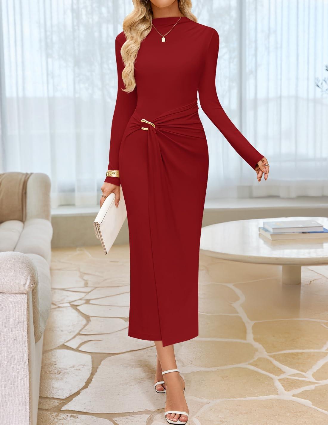imageZESICA Womens 2025 Fall Long Sleeve Bodycon Dress Mock Neck Party Cocktail Wedding Guest Long Midi DressesRed