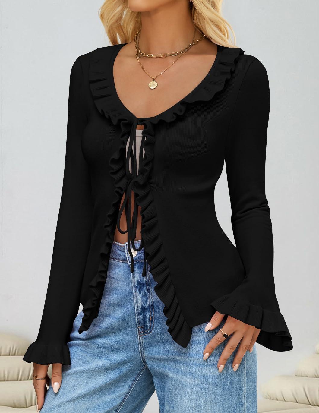 imageZESICA Womens 2025 Fall Tie Front Bow Cardigan Sweaters Long Bell Sleeve V Neck Ruffled Knit Cropped Trendy TopsBlack