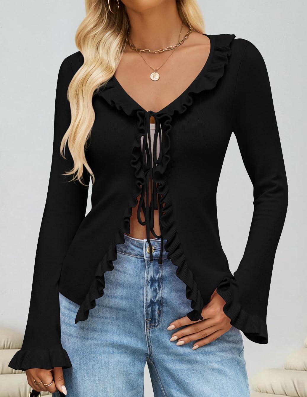 imageZESICA Womens 2025 Fall Tie Front Bow Cardigan Sweaters Long Bell Sleeve V Neck Ruffled Knit Cropped Trendy TopsBlack