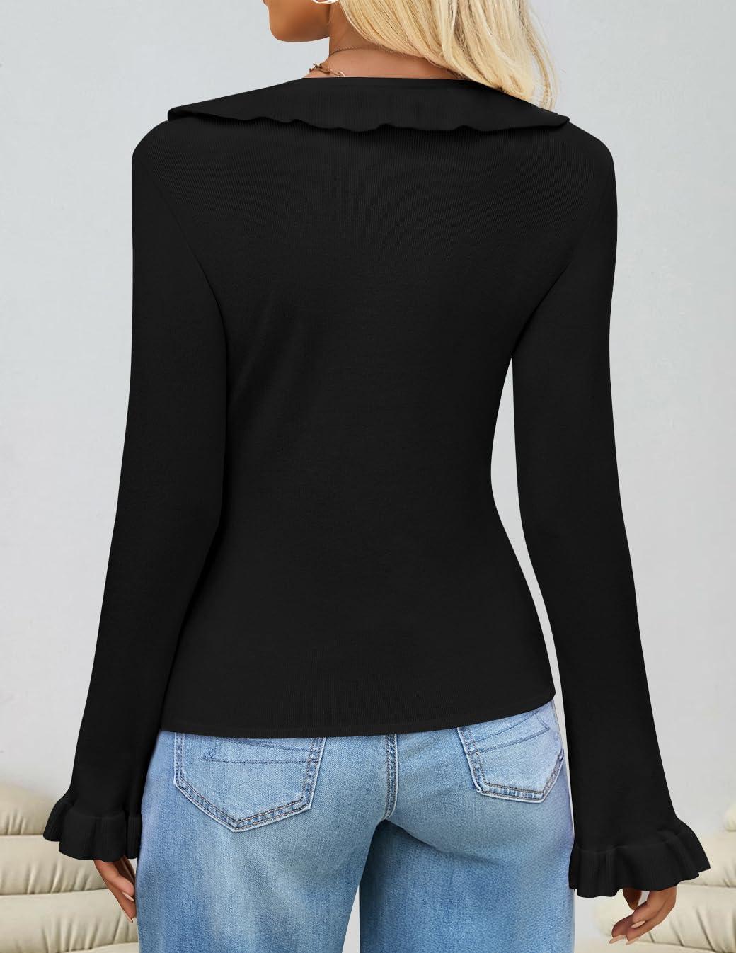 imageZESICA Womens 2025 Fall Tie Front Bow Cardigan Sweaters Long Bell Sleeve V Neck Ruffled Knit Cropped Trendy TopsBlack