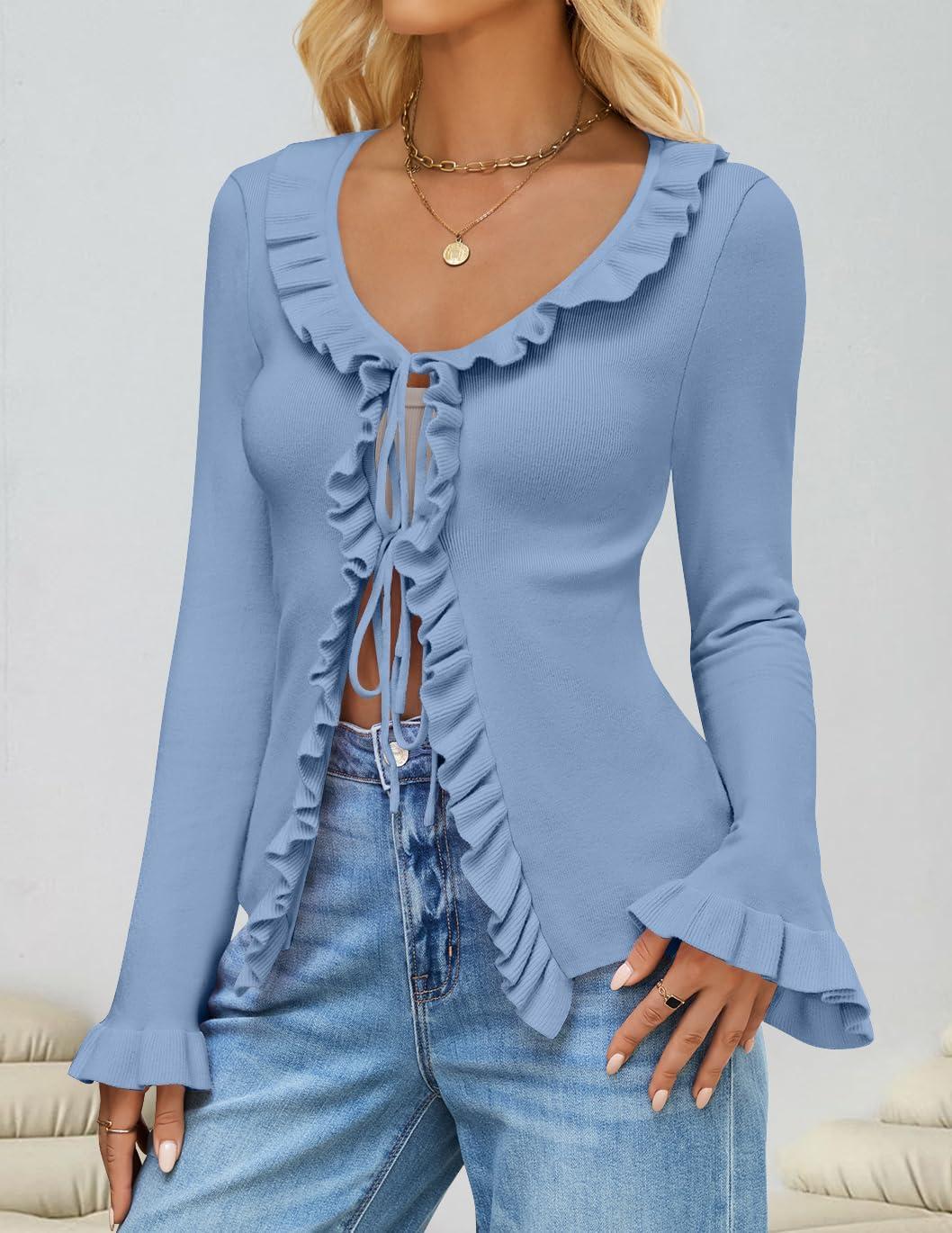 imageZESICA Womens 2025 Fall Tie Front Bow Cardigan Sweaters Long Bell Sleeve V Neck Ruffled Knit Cropped Trendy TopsBlue