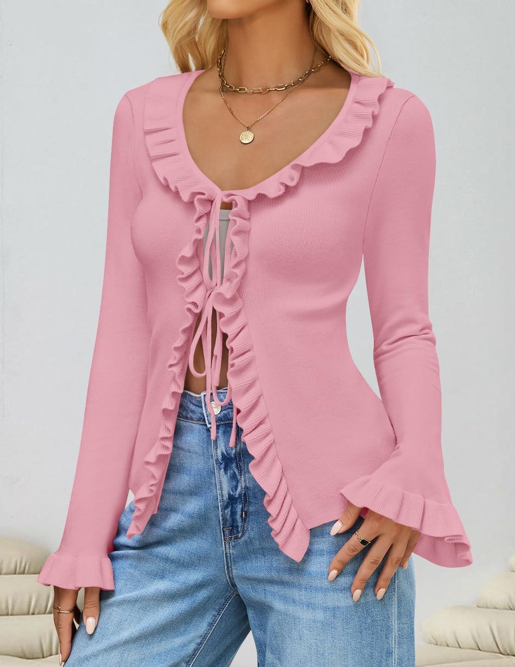 imageZESICA Womens 2025 Fall Tie Front Bow Cardigan Sweaters Long Bell Sleeve V Neck Ruffled Knit Cropped Trendy TopsPink