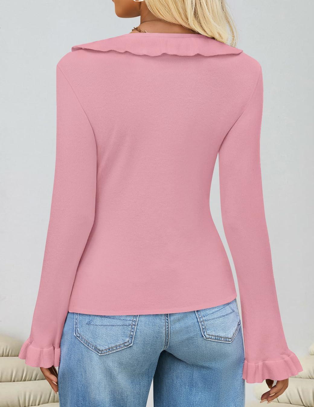 imageZESICA Womens 2025 Fall Tie Front Bow Cardigan Sweaters Long Bell Sleeve V Neck Ruffled Knit Cropped Trendy TopsPink