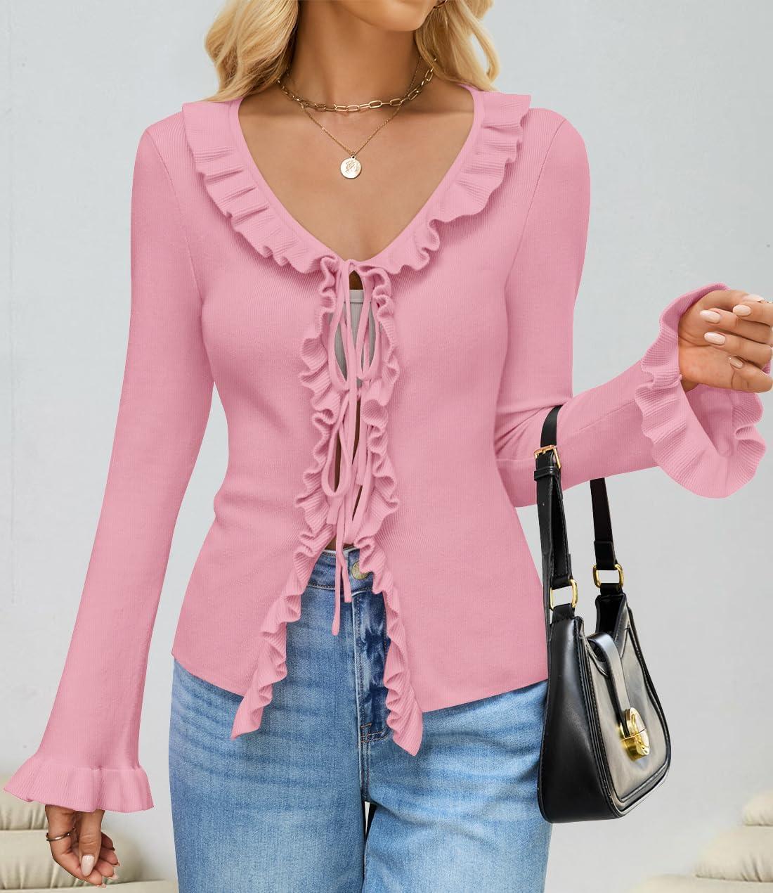 imageZESICA Womens 2025 Fall Tie Front Bow Cardigan Sweaters Long Bell Sleeve V Neck Ruffled Knit Cropped Trendy TopsPink