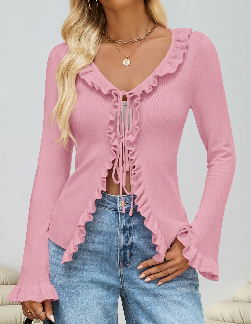 imageZESICA Womens 2025 Fall Tie Front Bow Cardigan Sweaters Long Bell Sleeve V Neck Ruffled Knit Cropped Trendy TopsPink
