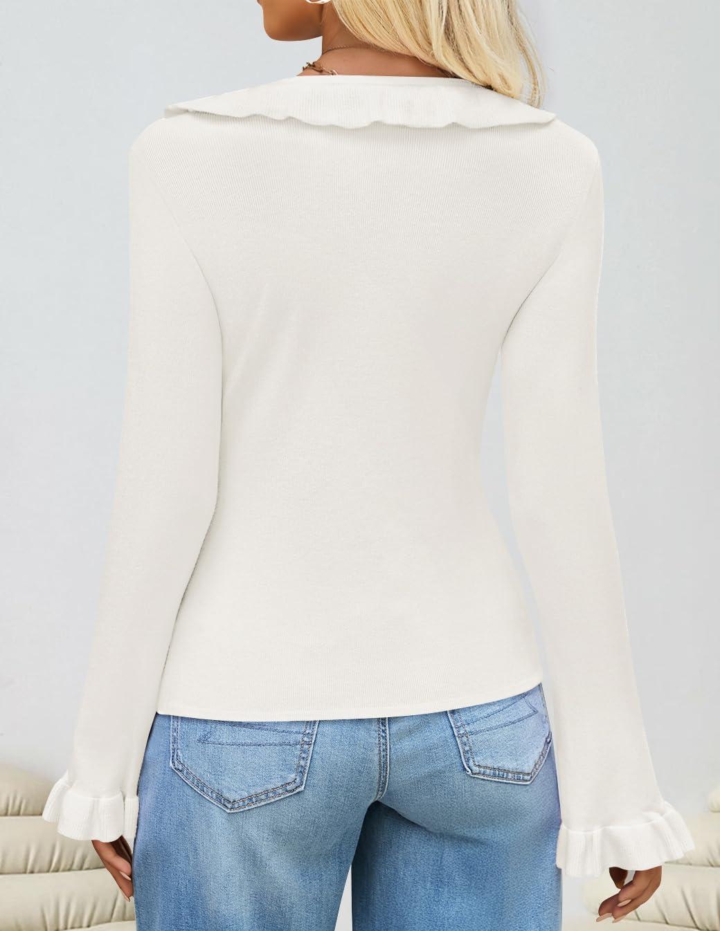 imageZESICA Womens 2025 Fall Tie Front Bow Cardigan Sweaters Long Bell Sleeve V Neck Ruffled Knit Cropped Trendy TopsWhite