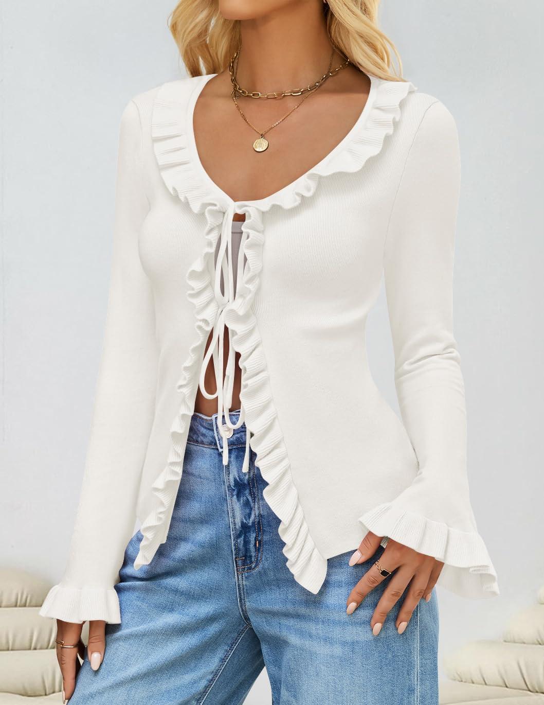 imageZESICA Womens 2025 Fall Tie Front Bow Cardigan Sweaters Long Bell Sleeve V Neck Ruffled Knit Cropped Trendy TopsWhite