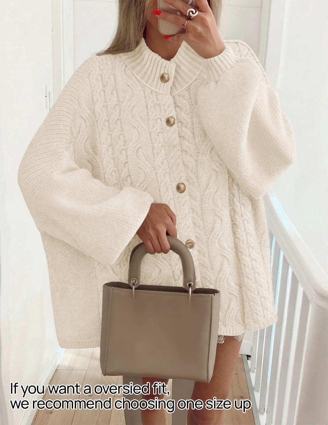 imageZESICA Womens Button Down Cardigan Sweaters 2025 Fall Lantern Long Sleeve Mock Neck Chunky Knit Outerwear CoatApricot