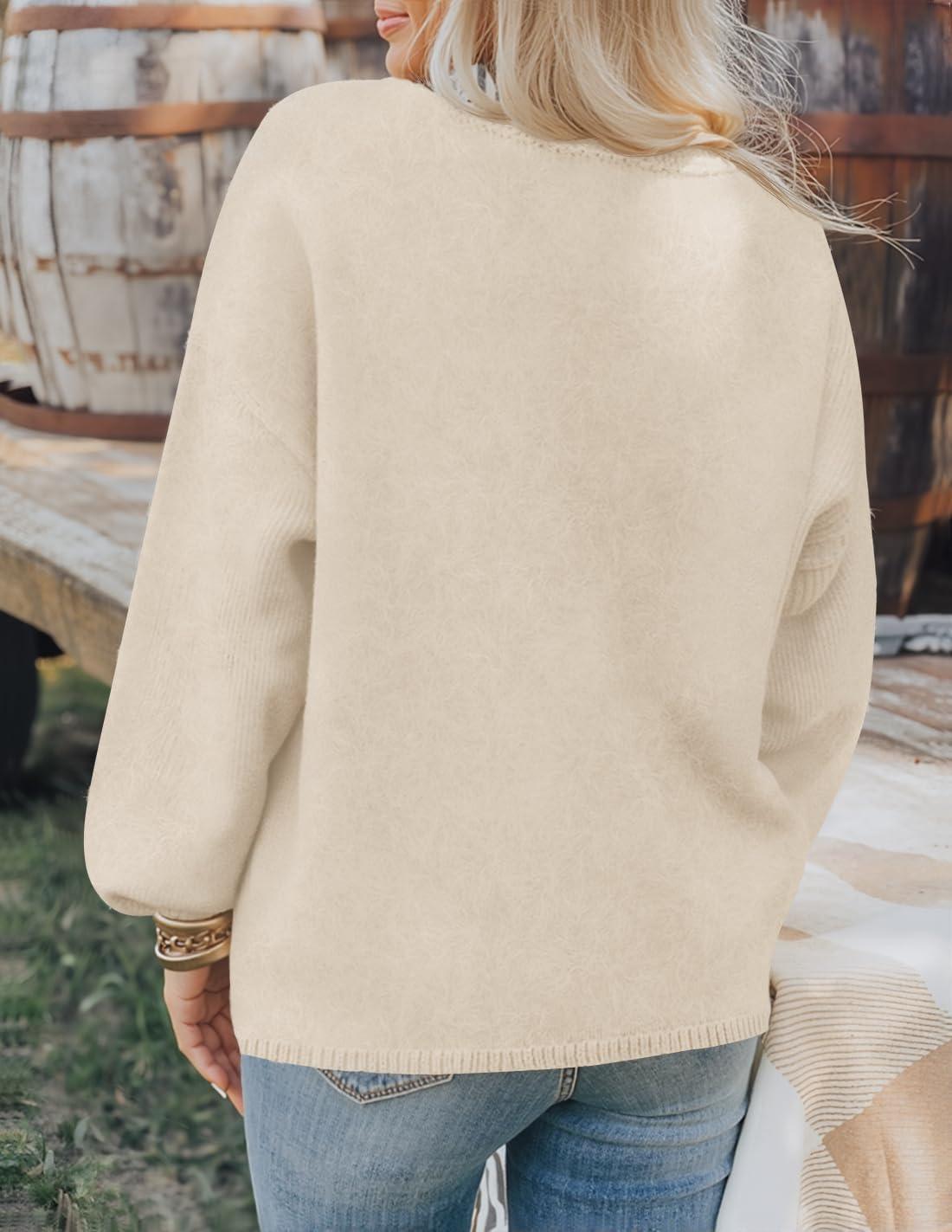 imageZESICA Womens Button Down Cardigan Sweaters 2025 Fall Lantern Long Sleeve Mock Neck Chunky Knit Outerwear CoatApricot