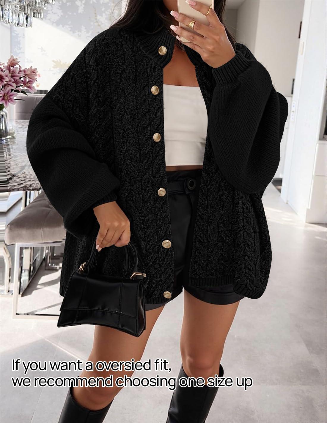 imageZESICA Womens Button Down Cardigan Sweaters 2025 Fall Lantern Long Sleeve Mock Neck Chunky Knit Outerwear CoatBlack