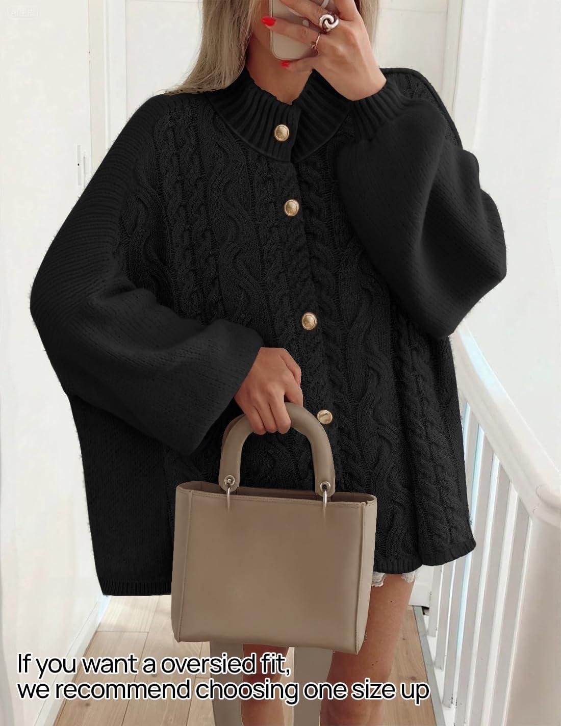 imageZESICA Womens Button Down Cardigan Sweaters 2025 Fall Lantern Long Sleeve Mock Neck Chunky Knit Outerwear CoatBlack