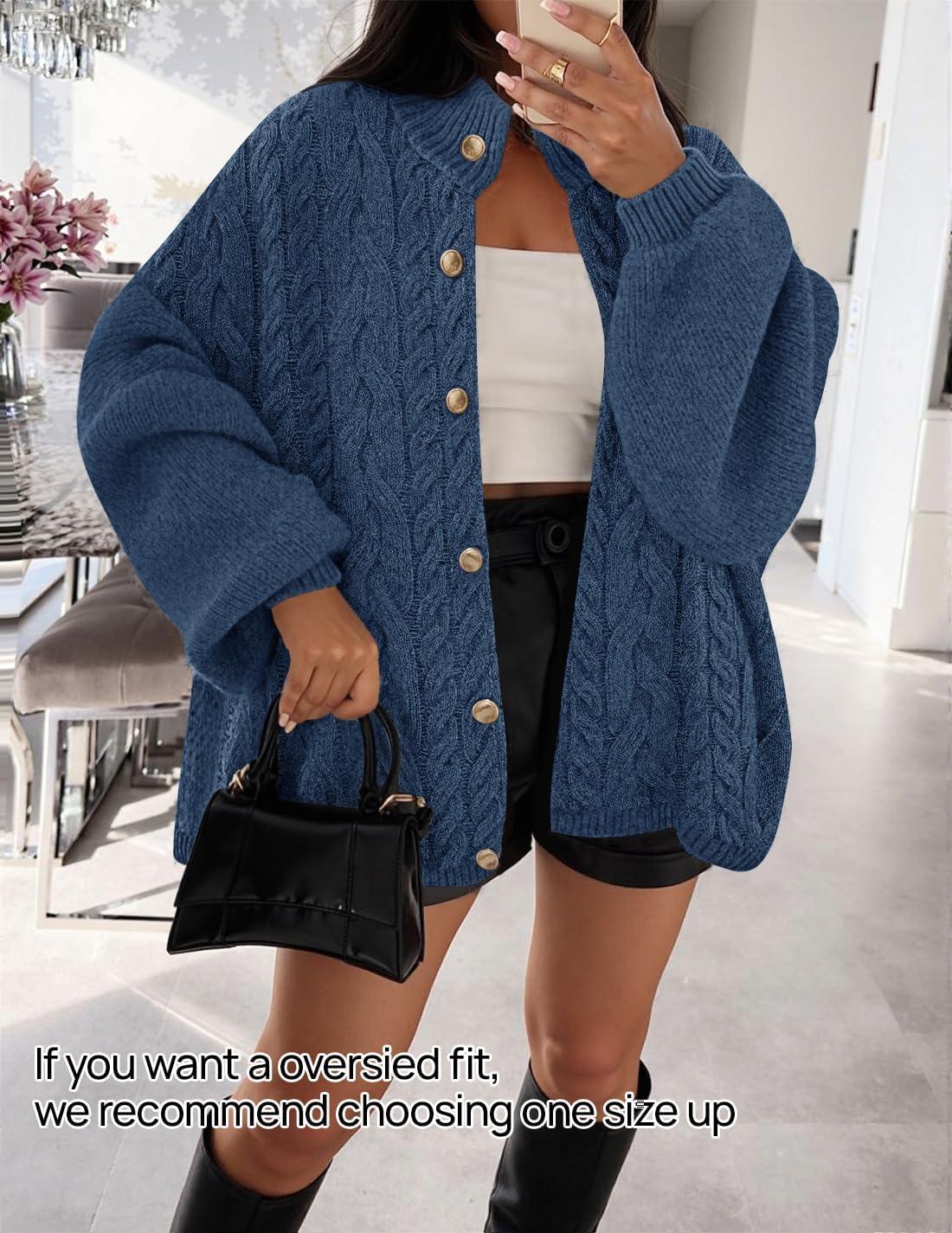 imageZESICA Womens Button Down Cardigan Sweaters 2025 Fall Lantern Long Sleeve Mock Neck Chunky Knit Outerwear CoatDarkblue