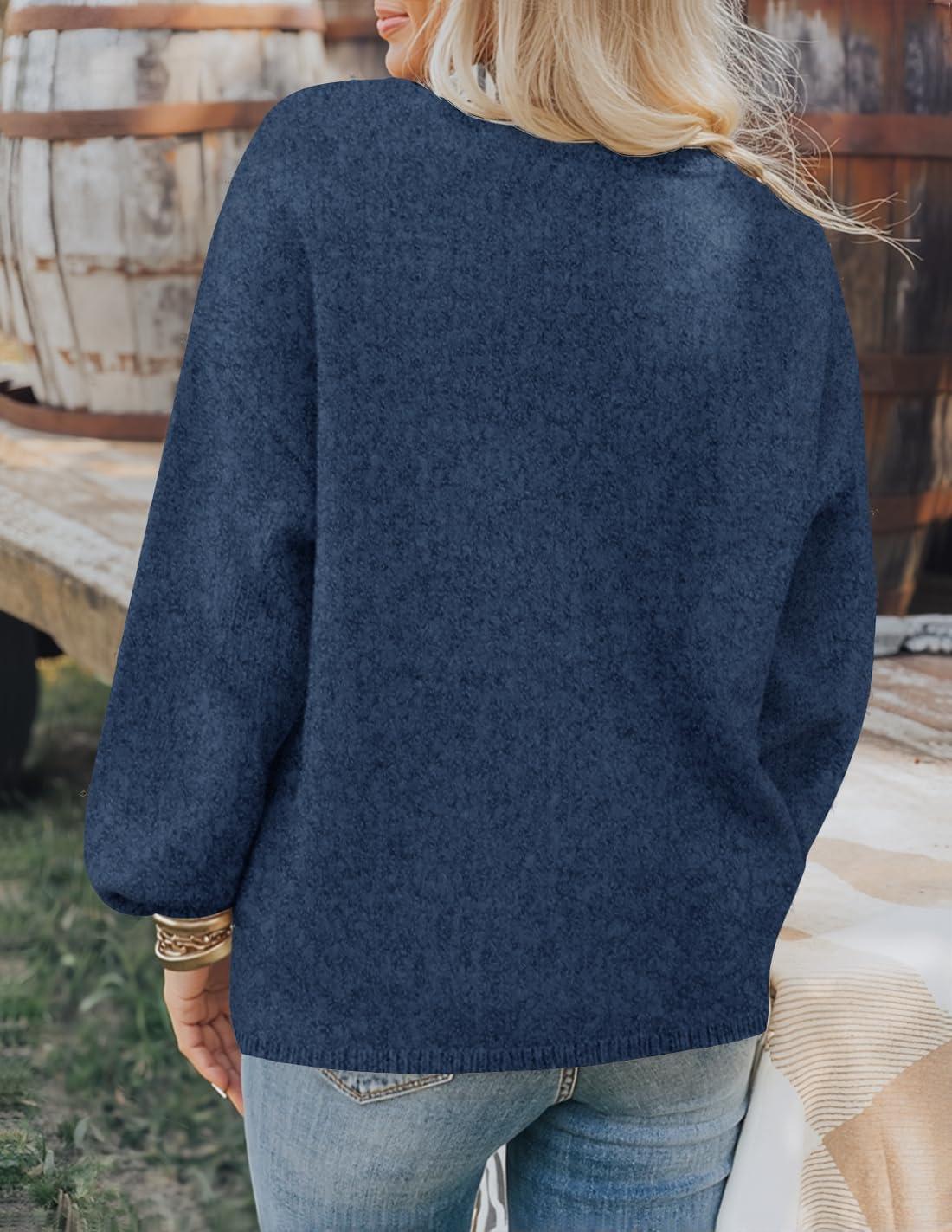 imageZESICA Womens Button Down Cardigan Sweaters 2025 Fall Lantern Long Sleeve Mock Neck Chunky Knit Outerwear CoatDarkblue