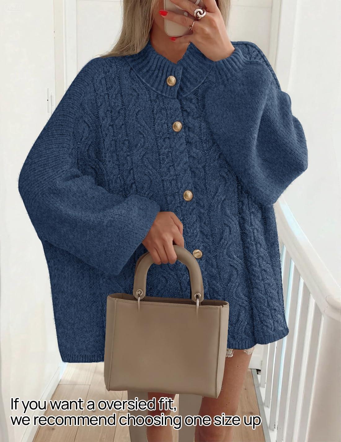 imageZESICA Womens Button Down Cardigan Sweaters 2025 Fall Lantern Long Sleeve Mock Neck Chunky Knit Outerwear CoatDarkblue