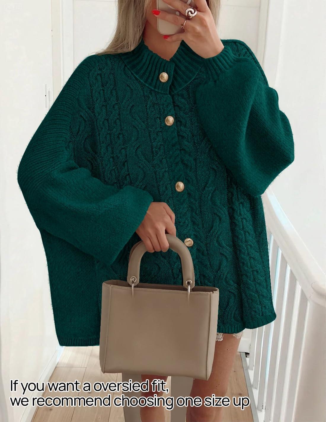 imageZESICA Womens Button Down Cardigan Sweaters 2025 Fall Lantern Long Sleeve Mock Neck Chunky Knit Outerwear CoatDarkgreen