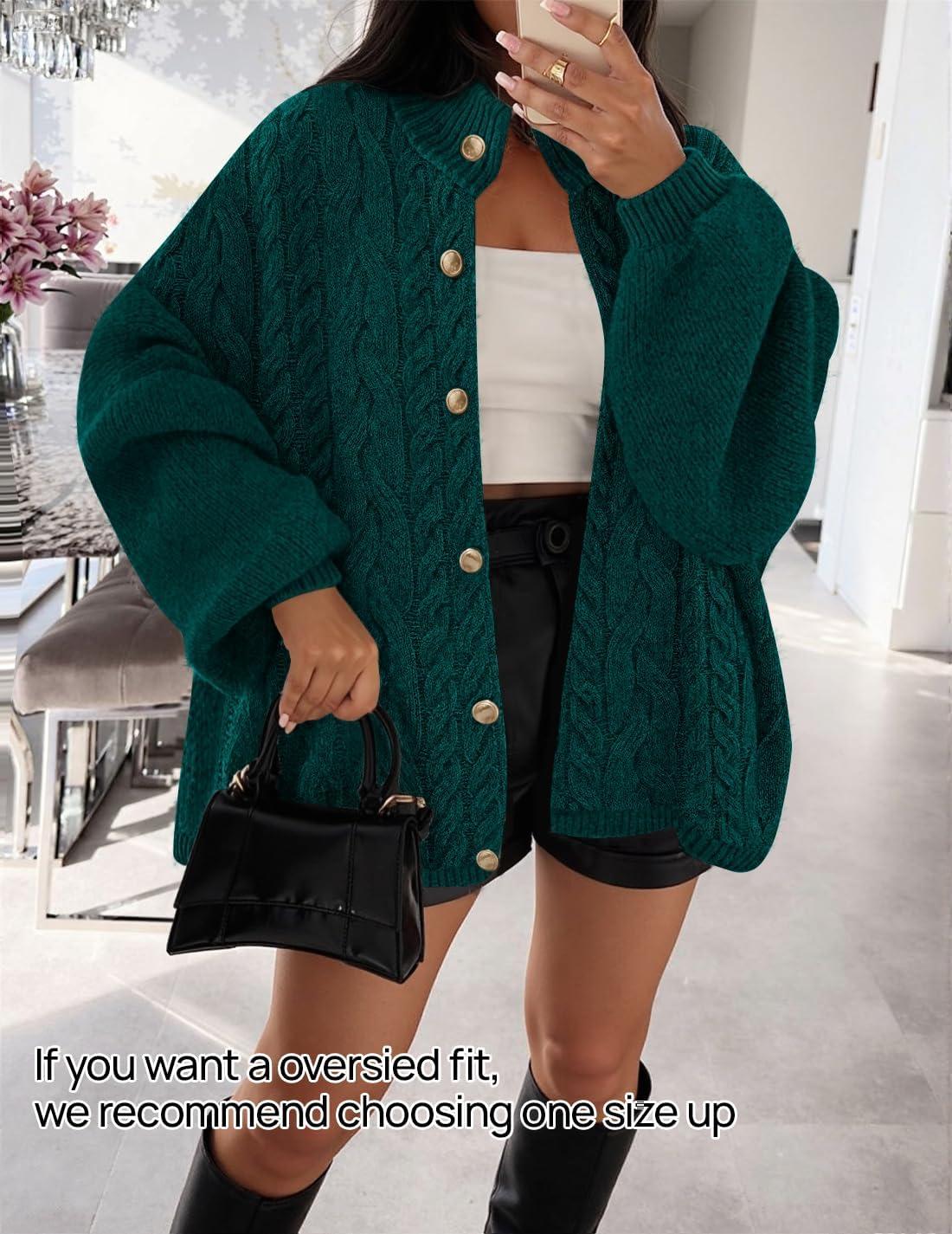 imageZESICA Womens Button Down Cardigan Sweaters 2025 Fall Lantern Long Sleeve Mock Neck Chunky Knit Outerwear CoatDarkgreen