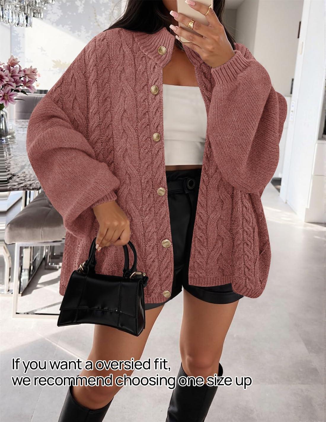 imageZESICA Womens Button Down Cardigan Sweaters 2025 Fall Lantern Long Sleeve Mock Neck Chunky Knit Outerwear CoatDustypink