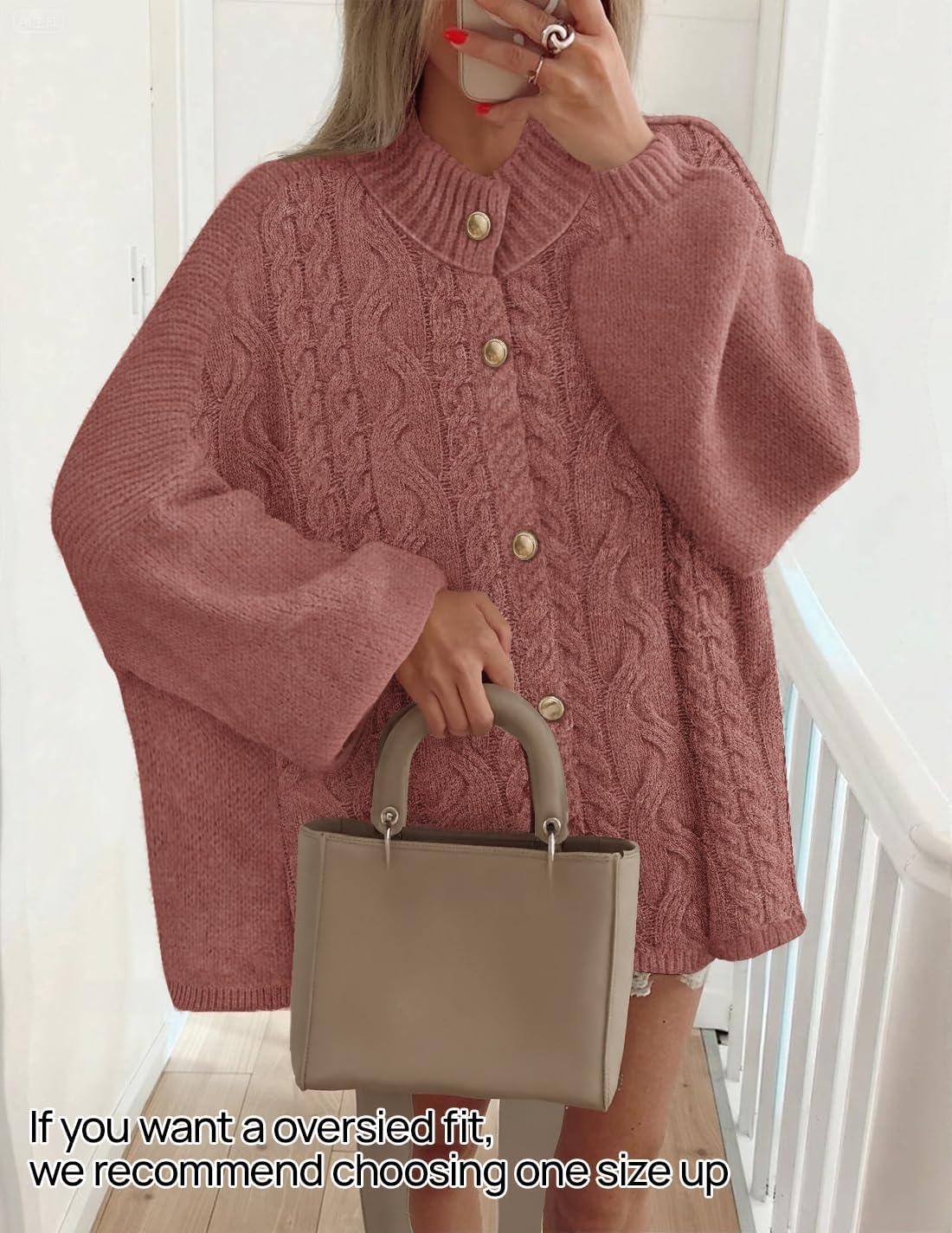 imageZESICA Womens Button Down Cardigan Sweaters 2025 Fall Lantern Long Sleeve Mock Neck Chunky Knit Outerwear CoatDustypink