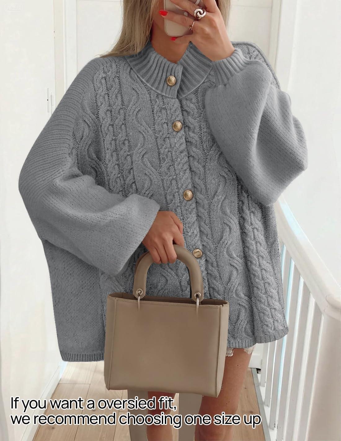 imageZESICA Womens Button Down Cardigan Sweaters 2025 Fall Lantern Long Sleeve Mock Neck Chunky Knit Outerwear CoatGray