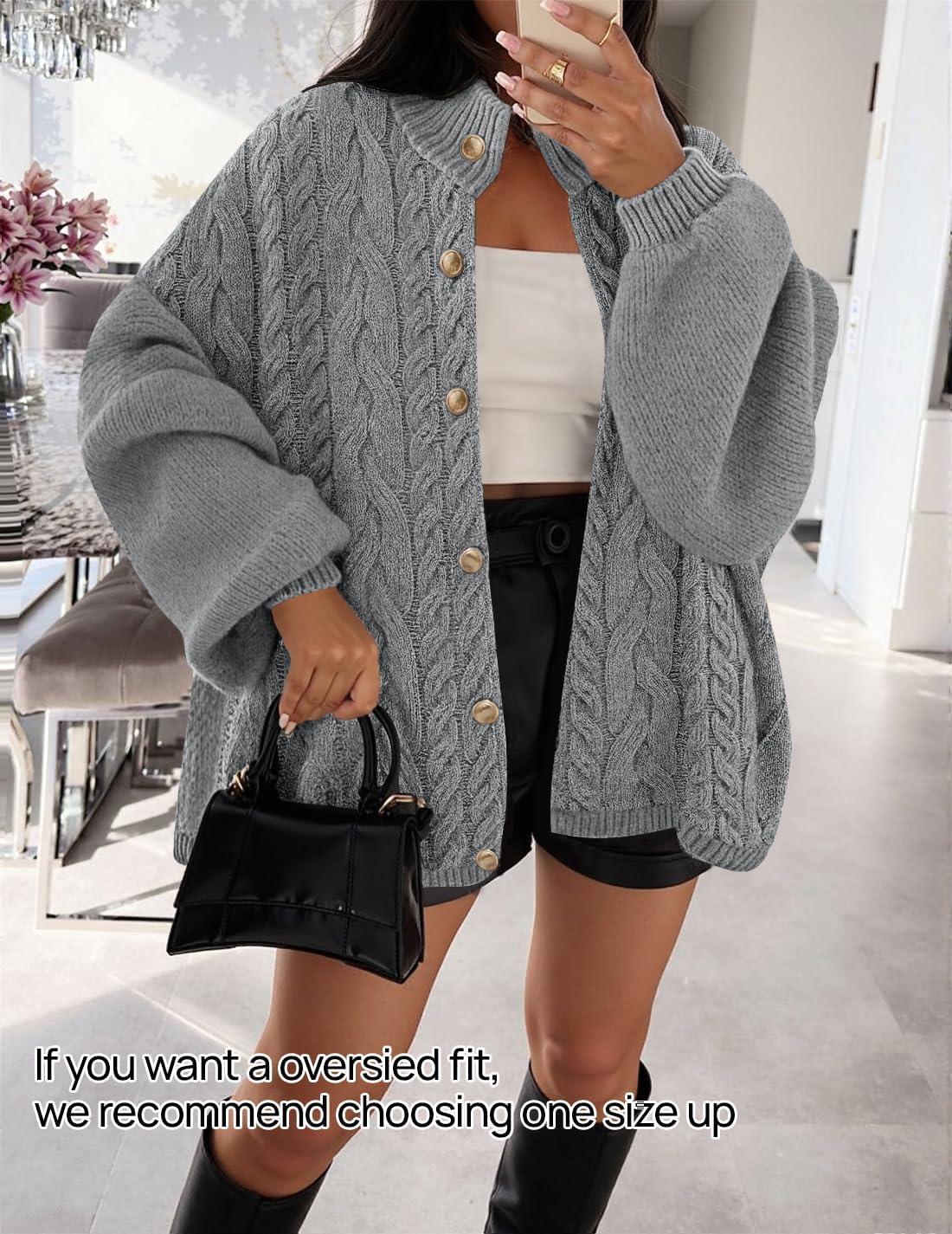 imageZESICA Womens Button Down Cardigan Sweaters 2025 Fall Lantern Long Sleeve Mock Neck Chunky Knit Outerwear CoatGray