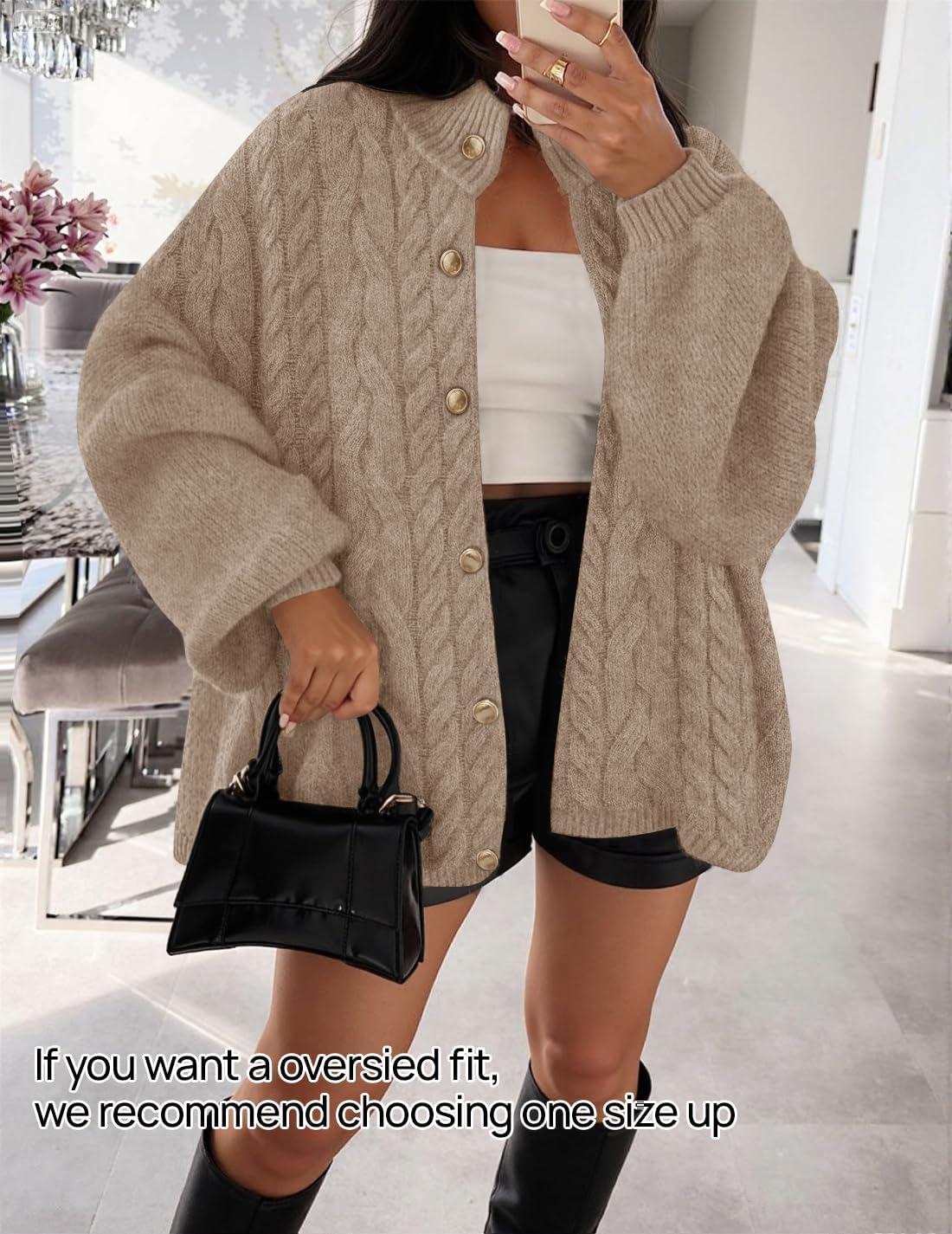 imageZESICA Womens Button Down Cardigan Sweaters 2025 Fall Lantern Long Sleeve Mock Neck Chunky Knit Outerwear CoatKhaki