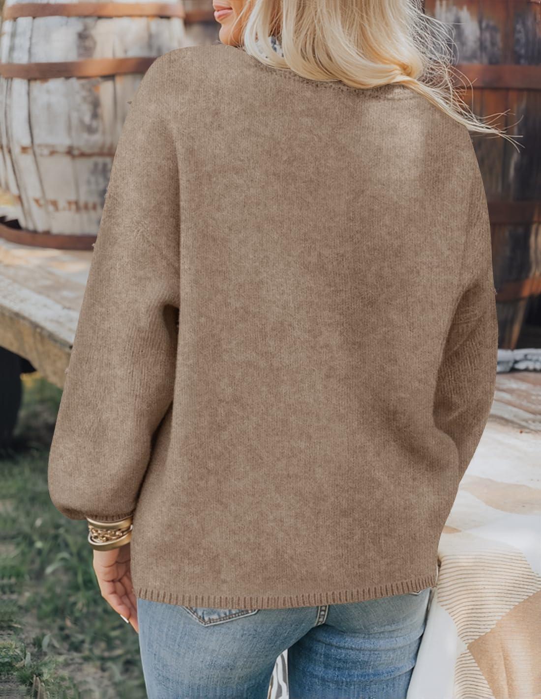 imageZESICA Womens Button Down Cardigan Sweaters 2025 Fall Lantern Long Sleeve Mock Neck Chunky Knit Outerwear CoatKhaki