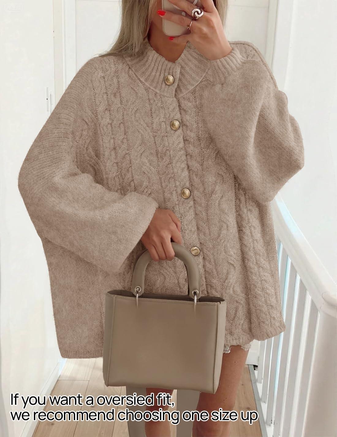 imageZESICA Womens Button Down Cardigan Sweaters 2025 Fall Lantern Long Sleeve Mock Neck Chunky Knit Outerwear CoatKhaki