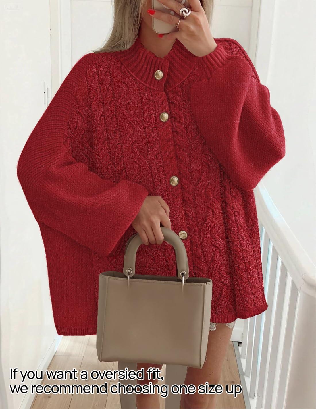 imageZESICA Womens Button Down Cardigan Sweaters 2025 Fall Lantern Long Sleeve Mock Neck Chunky Knit Outerwear CoatRed