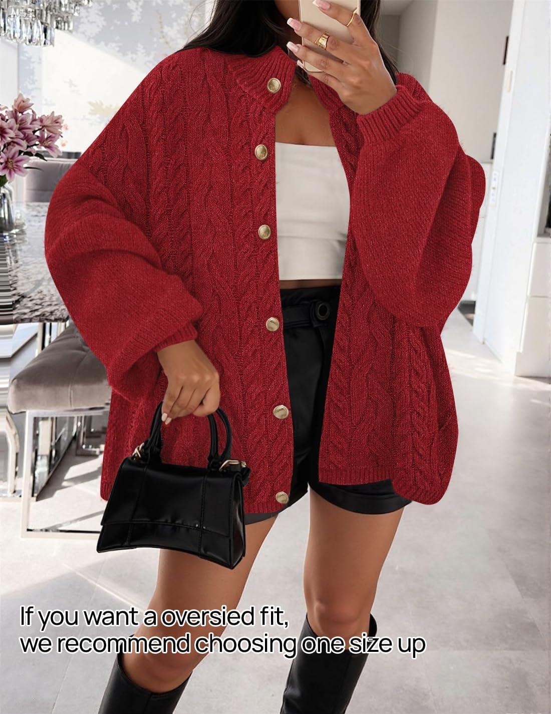 imageZESICA Womens Button Down Cardigan Sweaters 2025 Fall Lantern Long Sleeve Mock Neck Chunky Knit Outerwear CoatRed