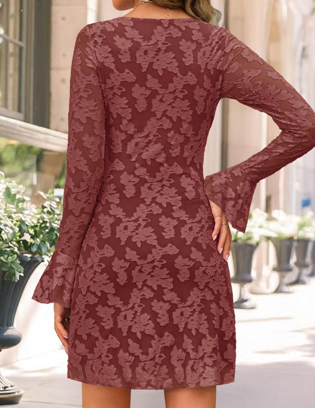 imageZESICA Womens Fall Bell Long Sleeve Bodycon Mini Dresses 2025 Casual Floral Crew Neck Mesh Cocktail Party Club DressBrick Red
