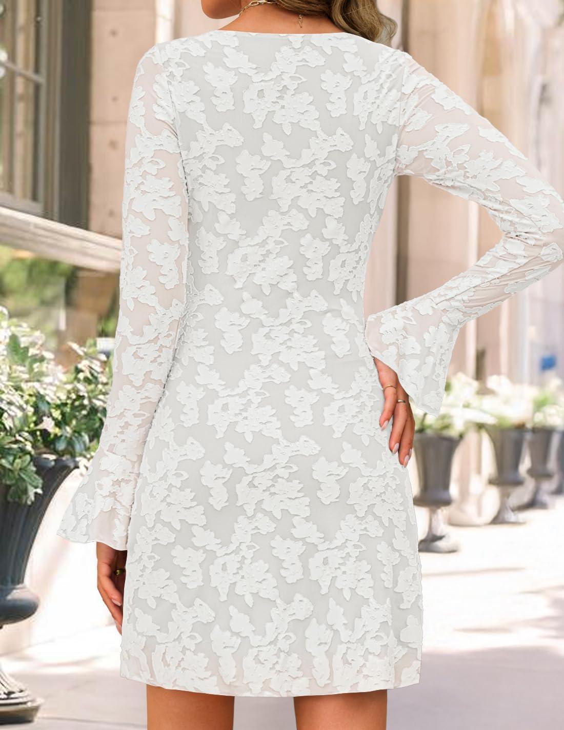 imageZESICA Womens Fall Bell Long Sleeve Bodycon Mini Dresses 2025 Casual Floral Crew Neck Mesh Cocktail Party Club DressWhite