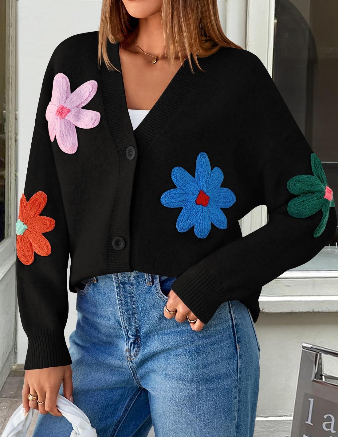 imageZESICA Womens Fall Floral Cardigan Sweaters 2025 Casual Long Sleeve Open Front Button Down V Neck Knit SweaterBlack