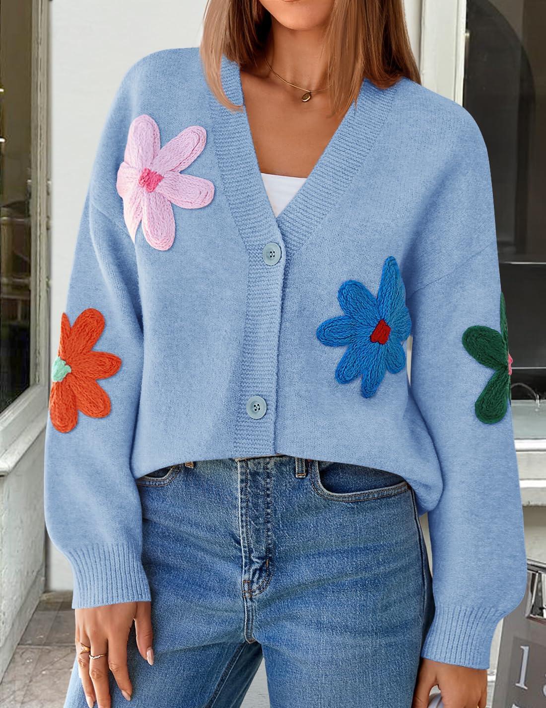 imageZESICA Womens Fall Floral Cardigan Sweaters 2025 Casual Long Sleeve Open Front Button Down V Neck Knit SweaterBlue