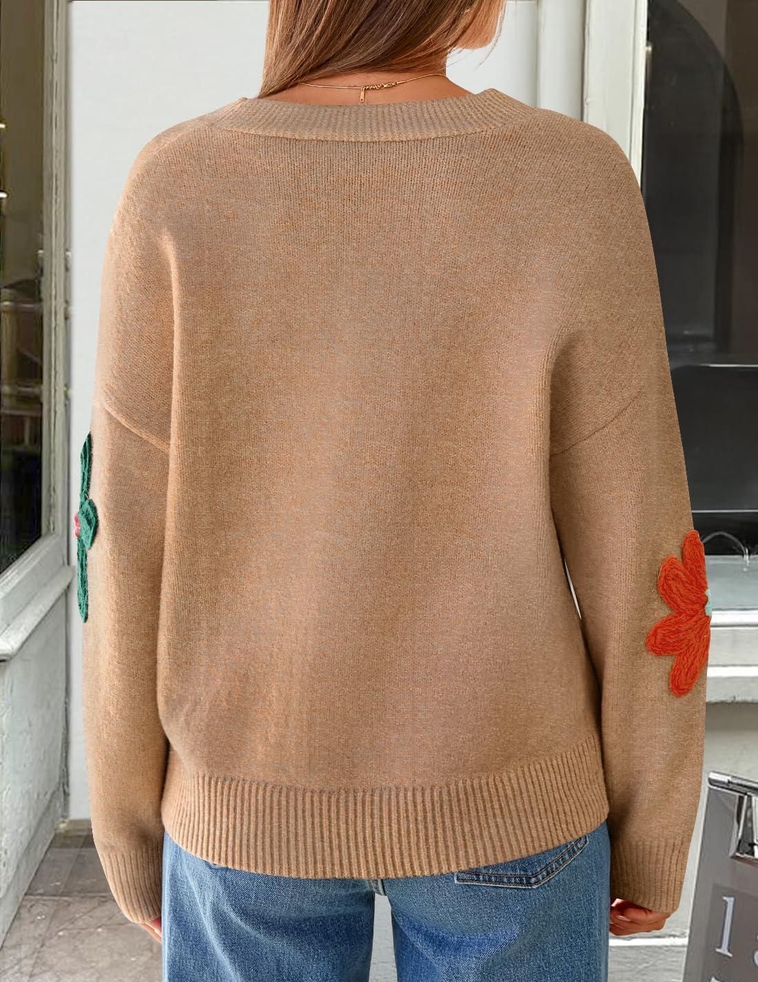 imageZESICA Womens Fall Floral Cardigan Sweaters 2025 Casual Long Sleeve Open Front Button Down V Neck Knit SweaterKhaki