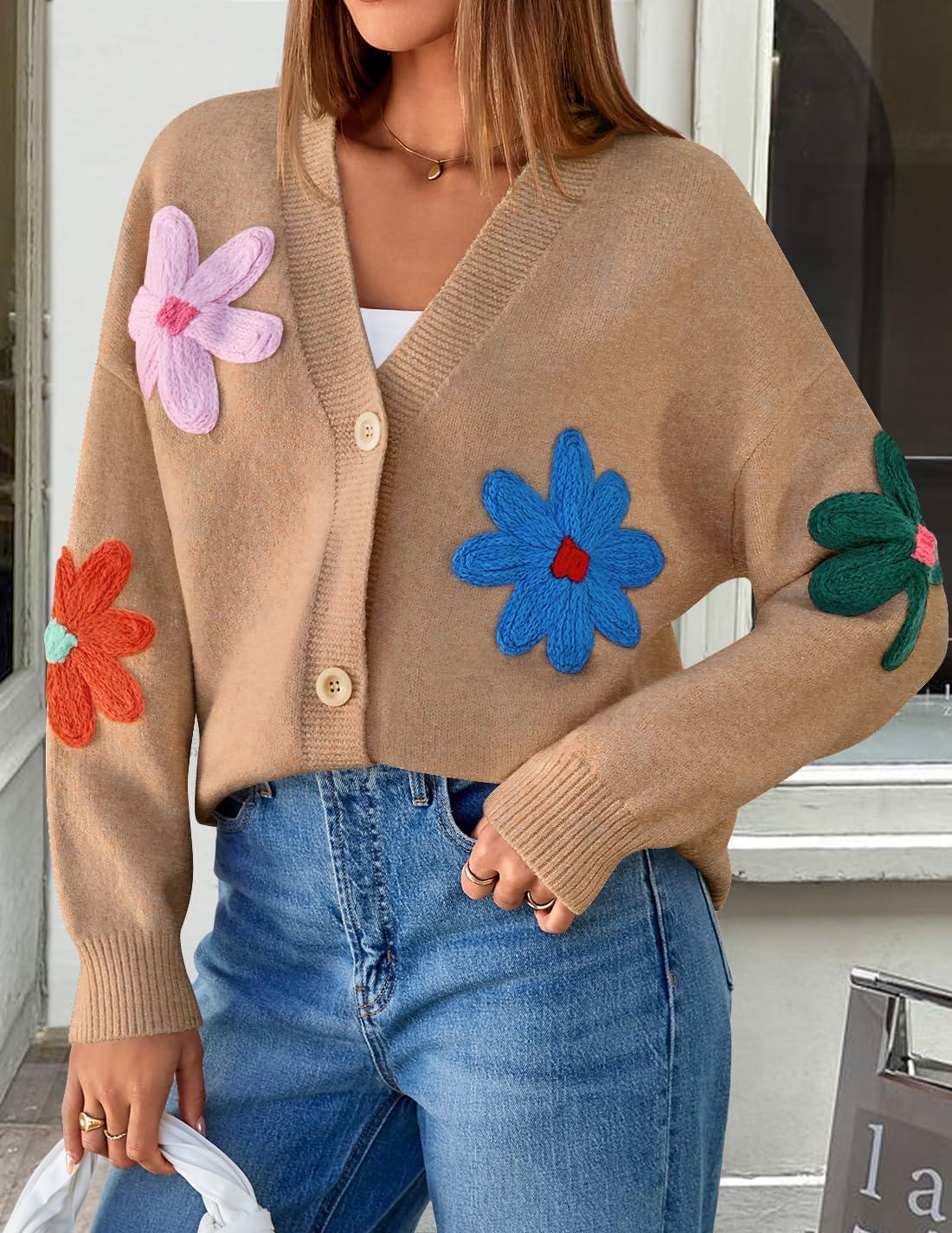 imageZESICA Womens Fall Floral Cardigan Sweaters 2025 Casual Long Sleeve Open Front Button Down V Neck Knit SweaterKhaki